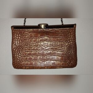 Patricia Nash POTENAZ Frame Leather Clutch Metallic Gold Python Chain Strap EUC